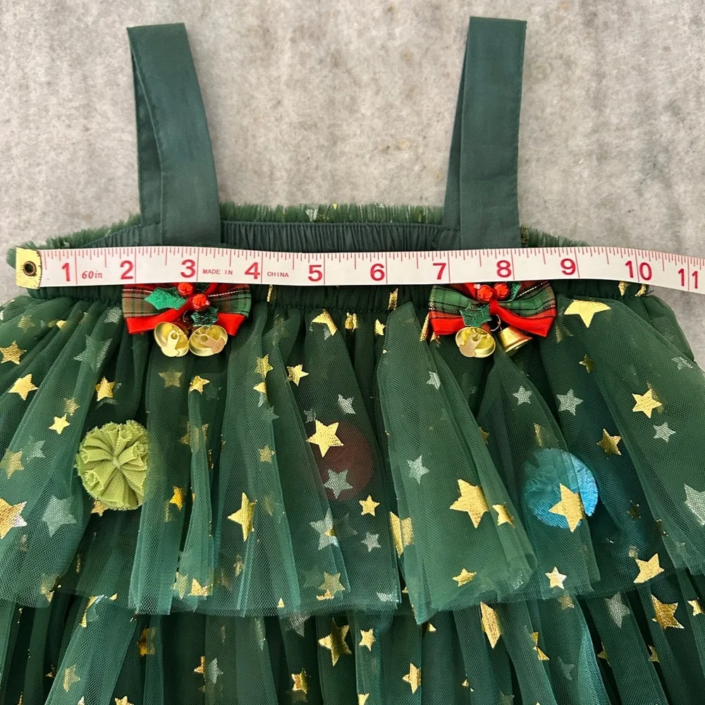 Festive Christmas Tree Costume Dress with Pom-Pom Ornaments